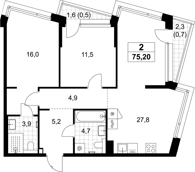 Планировка: Евротрёшка 74 м² в ЖК «Хольм»