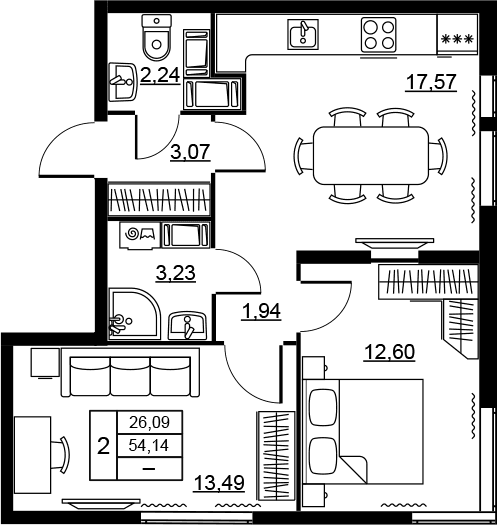 Планировка: Евротрёшка 54,1 м² в ЖК «Высота. Новодевяткино»