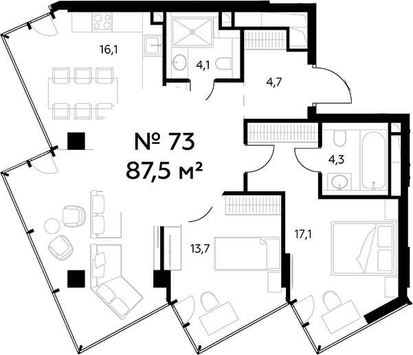 Планировка: Евротрёшка 87,5 м² в ЖК «Монблан»
