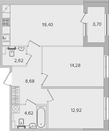 Планировка: Евротрёшка 62,5 м² в ЖК «Дубровский»