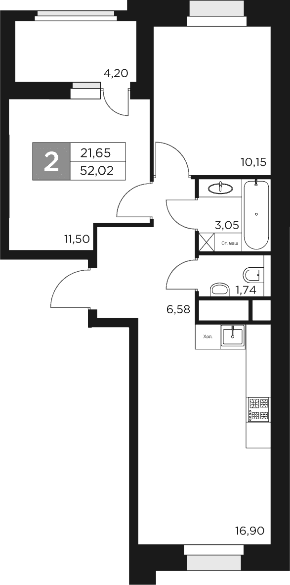 Планировка: Евротрёшка 49,9 м² в ЖК «Восток 2»