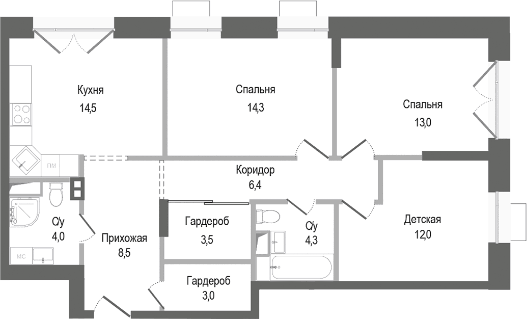 Планировка: 3-комнатная квартира 83,5 м² в ЖК «Киноквартал»