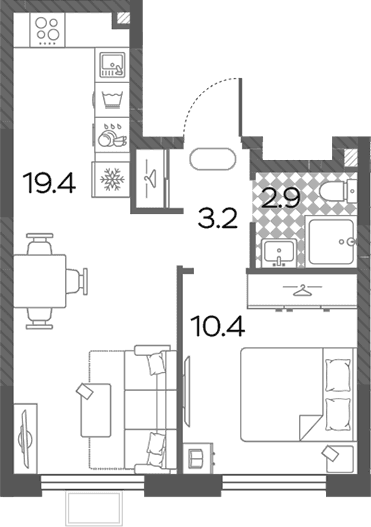 Планировка: Евродвушка 35,9 м² в ЖК «Лучи»