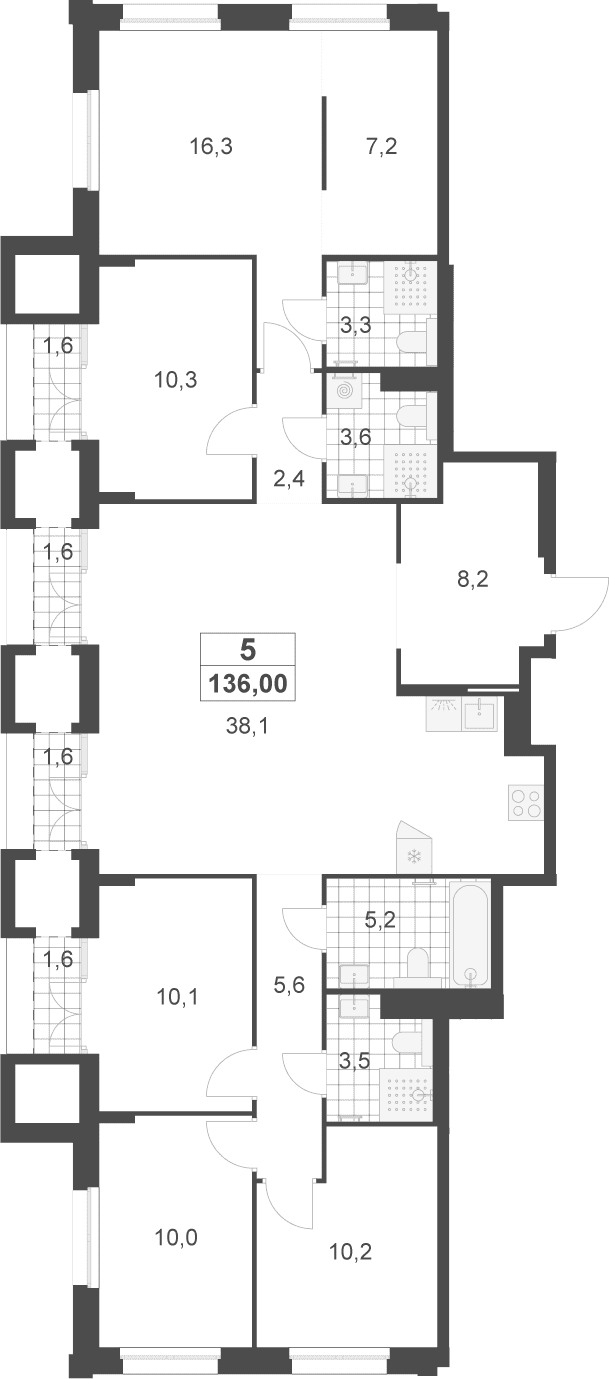 Планировка: 5-комнатная квартира 134 м² в ЖК «Деснаречье»