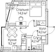 Планировка: 1-комнатная квартира 31,1 м² в ЖК «СЕЗАР БУДУЩЕЕ»