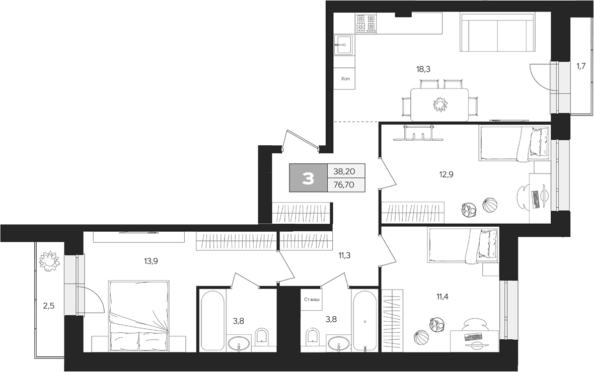 Планировка: 3-комнатная квартира 74,9 м² в ЖК «Ласточкино»