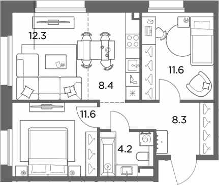 Планировка: Евротрёшка 56,4 м² в ЖК «Станиславский»