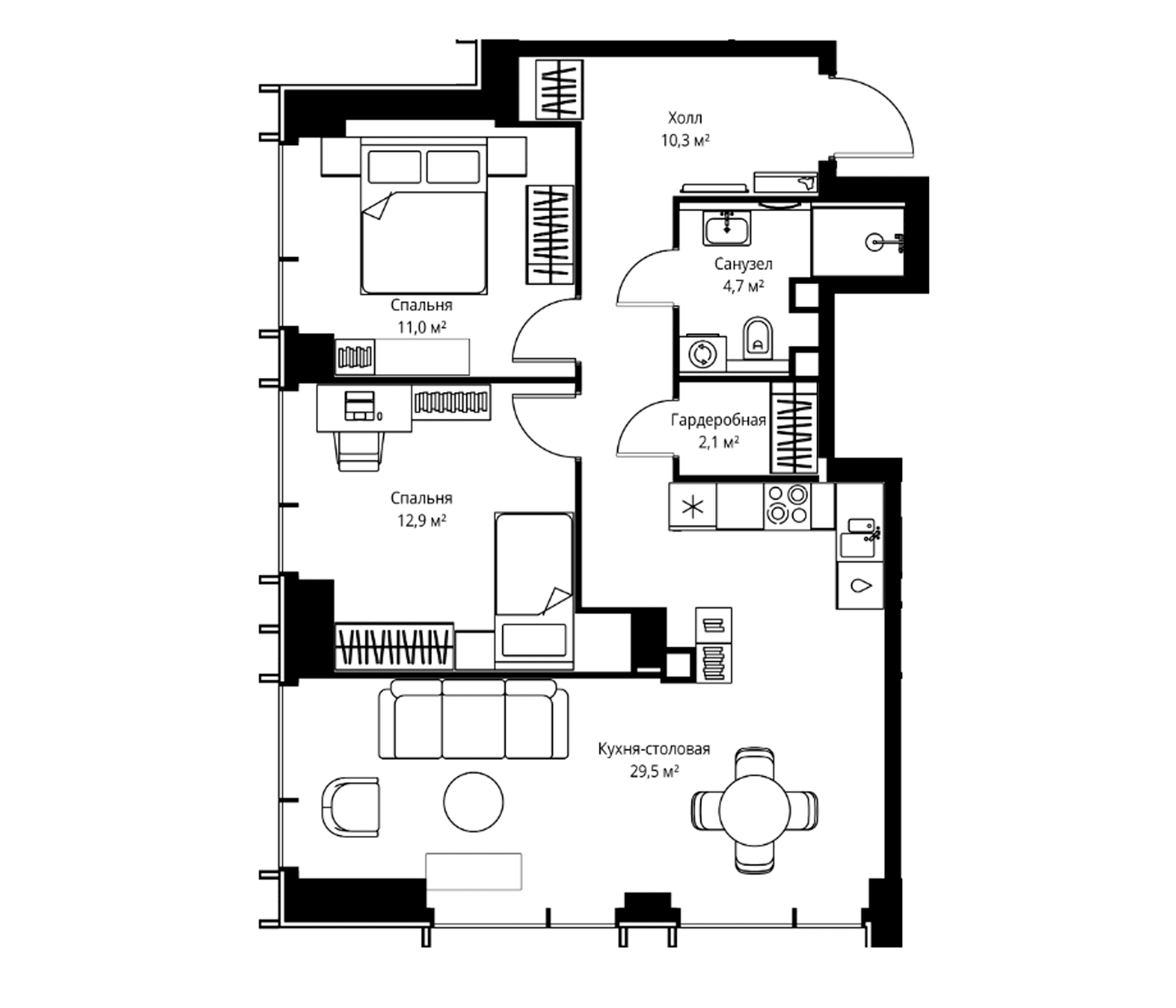 Планировка: Евротрёшка 70,5 м² в ЖК «Веер»