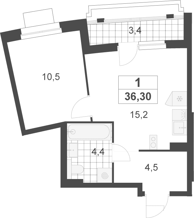 Планировка: Евродвушка 34,6 м² в ЖК «Деснаречье»
