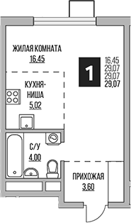 Планировка: Студия 29,1 м² в ЖК «Гранель Мытищи»