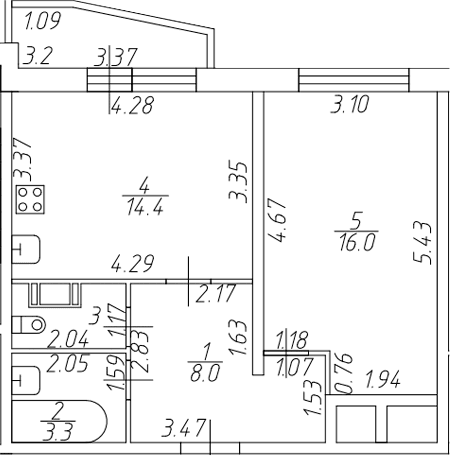 Планировка: 1-комнатная квартира 43,7 м² в ЖК «Тандем»