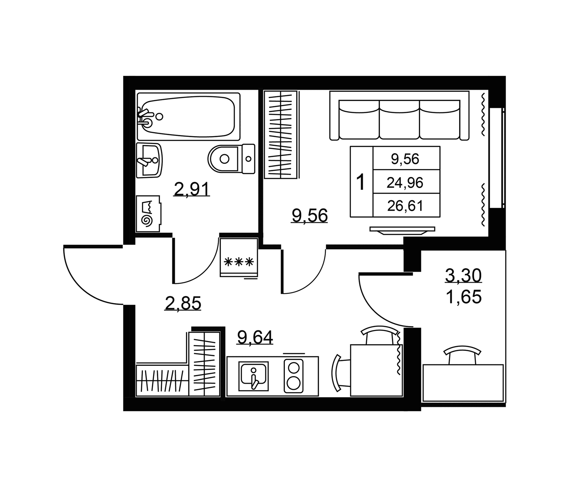 Планировка: 1-комнатная квартира 25 м² в ЖК «Пулковское, 34»