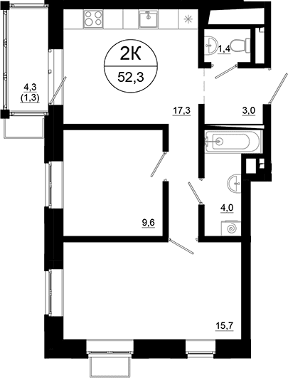 Планировка: 2-комнатная квартира 51 м² в ЖК «Союзный»