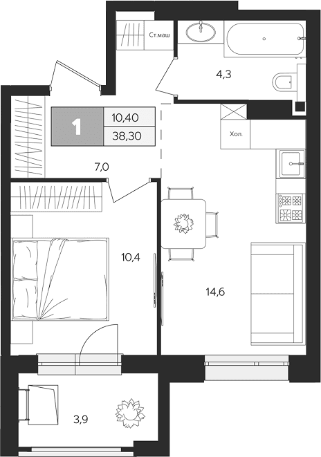 Планировка: 1-комнатная квартира 36,4 м² в ЖК «Ласточкино»