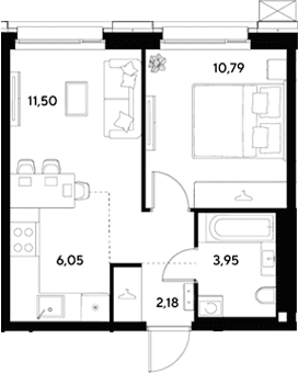 Планировка: Евродвушка 34,5 м² в ЖК «ЭВО»