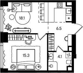 Планировка: Евродвушка 44 м² в ЖК «СТОУН Блик»