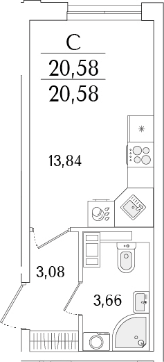 Планировка: Студия 20,6 м² в ЖК «Гранат»