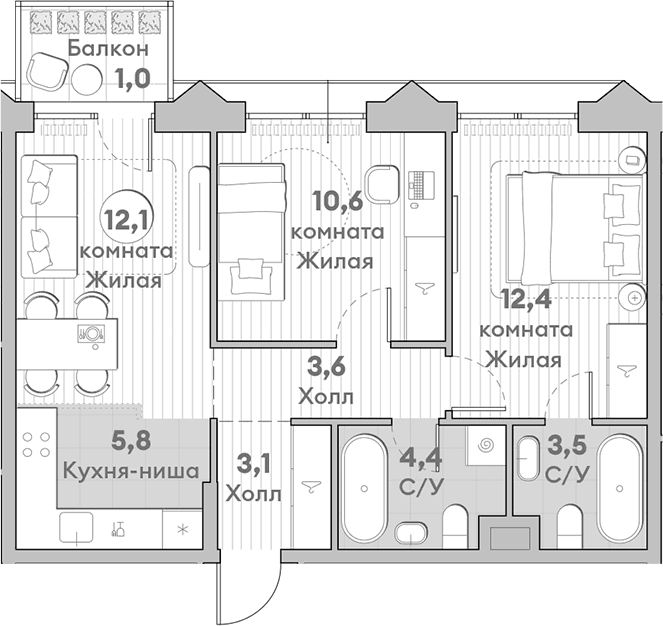 Планировка: Евротрёшка 55,5 м² в ЖК «НАТИВ»