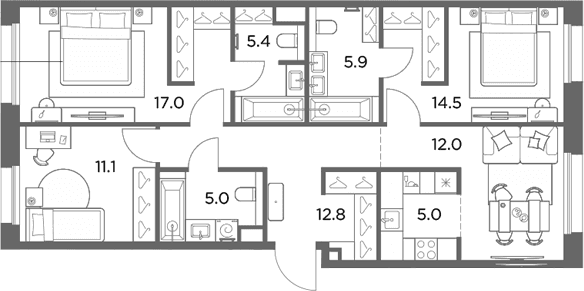 Планировка: Квартира евро-4 88,7 м² в ЖК «Станиславский»