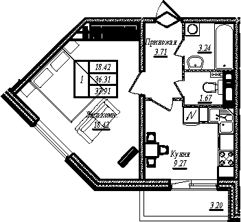 Планировка: 1-комнатная квартира 36,3 м² в ЖК «АРО»