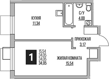 Планировка: 1-комнатная квартира 34,1 м² в ЖК «Гранель Притяжение Сити»