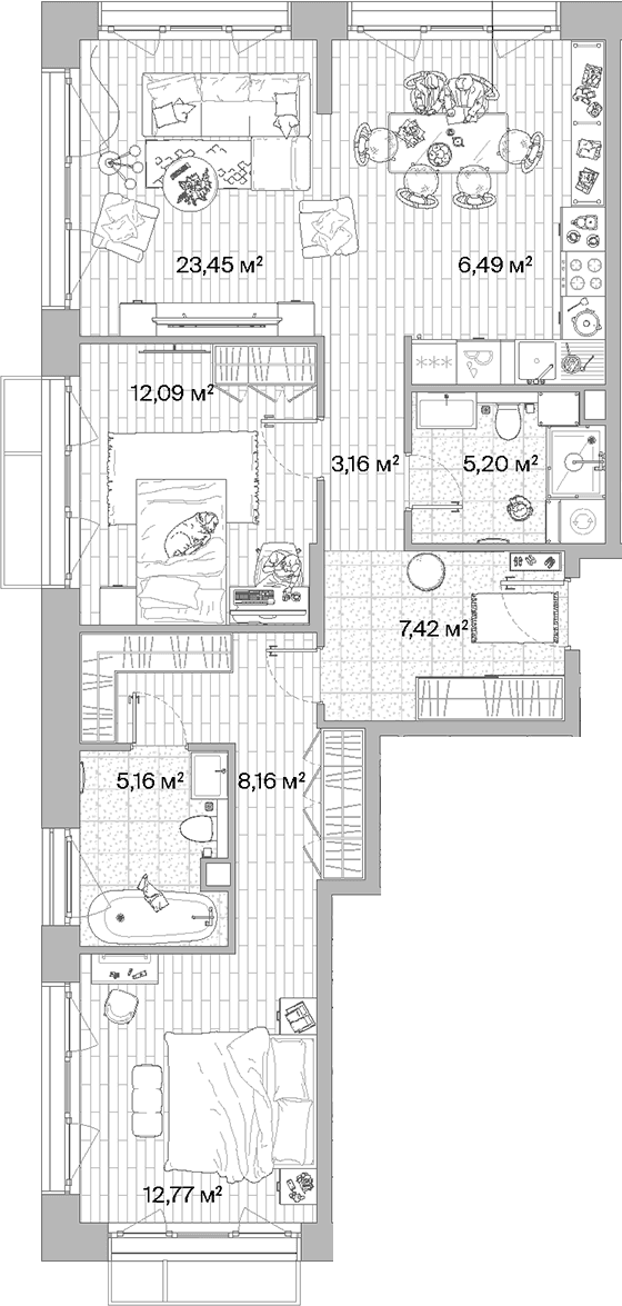 Планировка: Евротрёшка 83,9 м² в ЖК «МЫС»