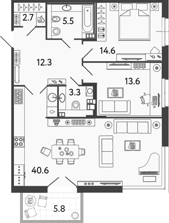 Планировка: Евротрёшка 92,6 м² в ЖК «Репин»