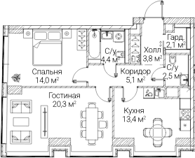 Планировка: 2-комнатная квартира 65,6 м² в ЖК «СЕЗАР БУДУЩЕЕ»