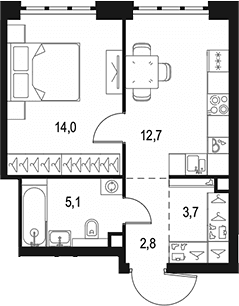 Планировка: 1-комнатная квартира 38,3 м² в ЖК «Левел Южнопортовая»