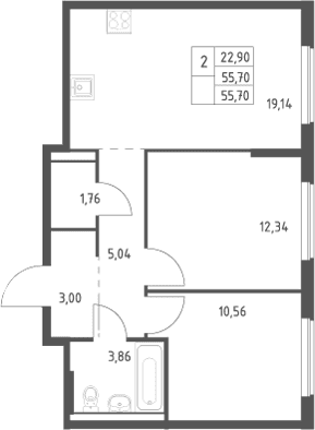 Планировка: Евротрёшка 55,7 м² в ЖК «Большое Юрлово»