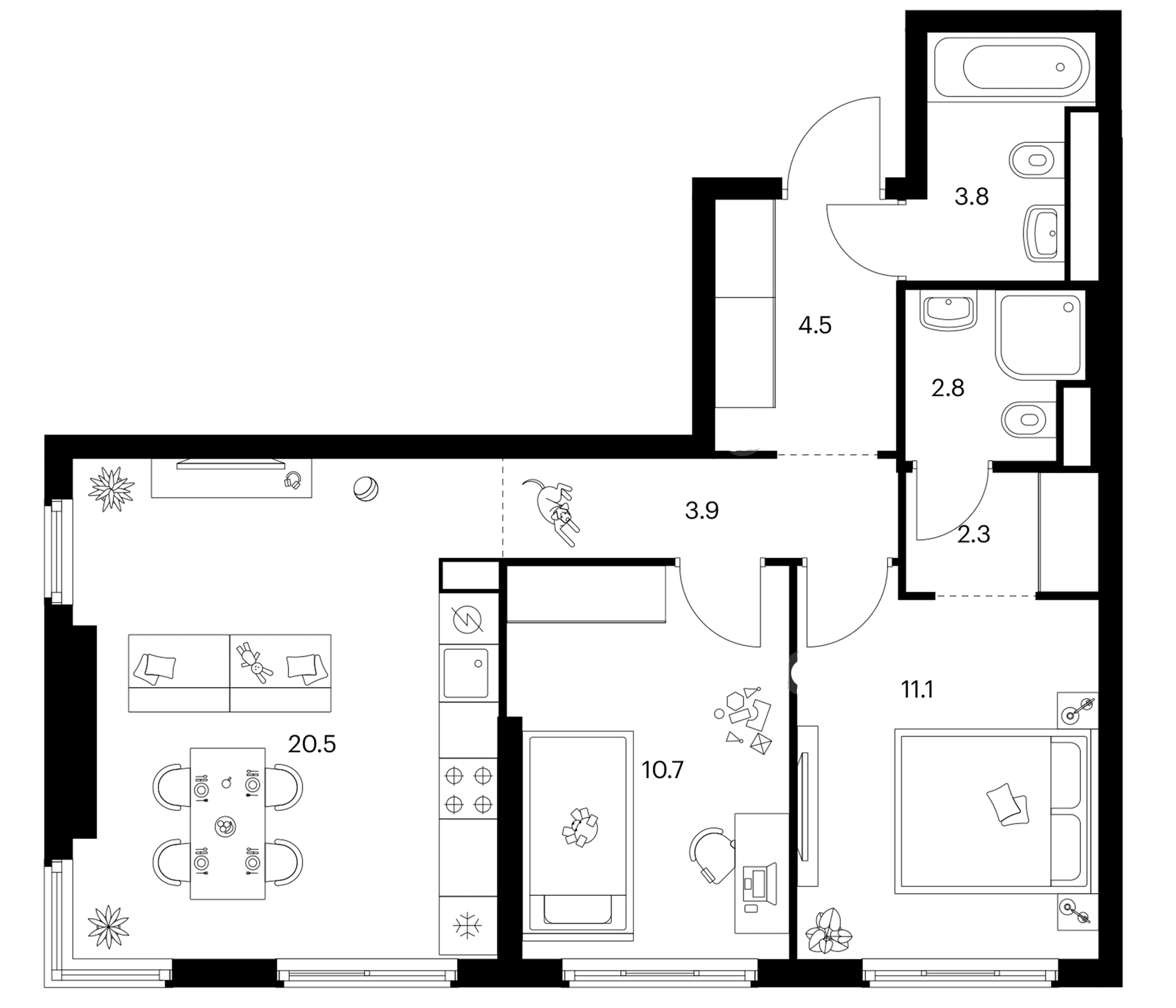 Планировка: 2-комнатная квартира 59,6 м² в ЖК «2-й Иртышский»