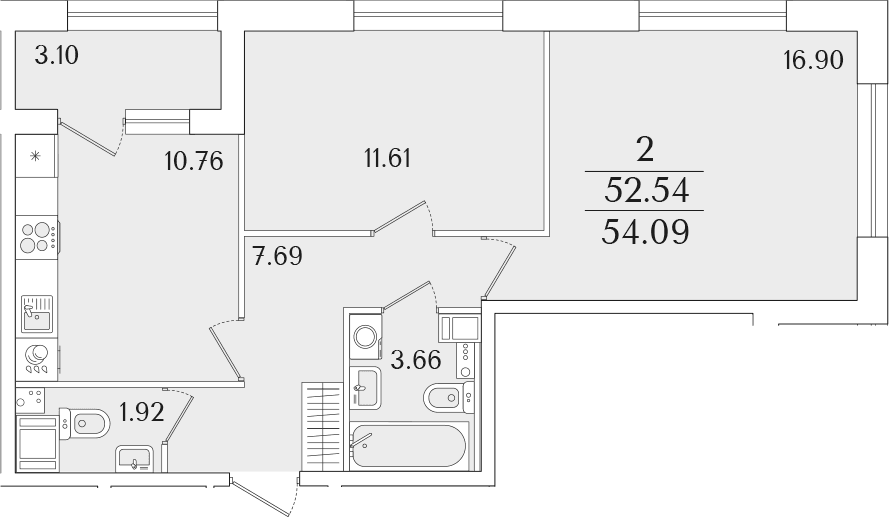 Планировка: 2-комнатная квартира 52,5 м² в ЖК «Аурум»