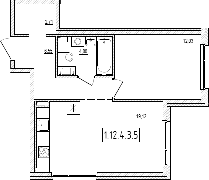 Планировка: Евродвушка 44,4 м² в ЖК «Новый Ямбург»