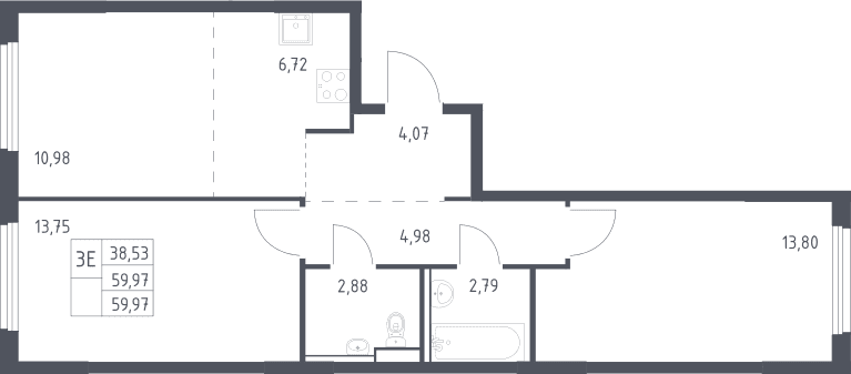 Планировка: Евротрёшка 60 м² в ЖК «Пригород Лесное»