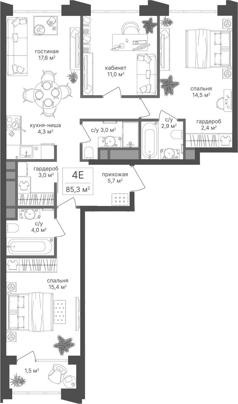 Планировка: Квартира евро-4 83,8 м² в ЖК «Михалковский»