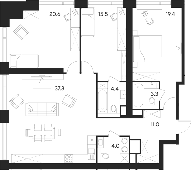Планировка: Квартира евро-4 115,5 м² в ЖК «Инди Тауэрз от Аквилон»