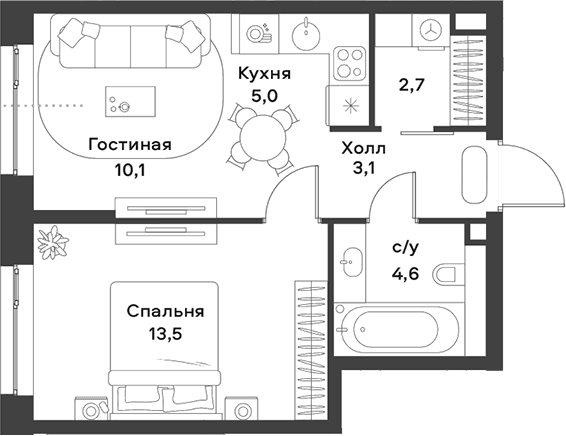 Планировка: Евродвушка 39 м² в ЖК «АЛИА»
