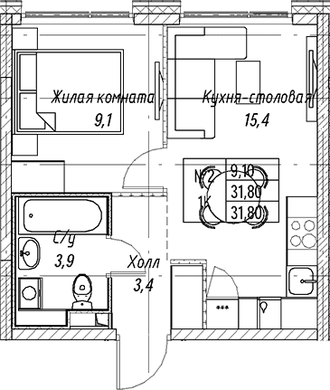 1-комнатная квартира