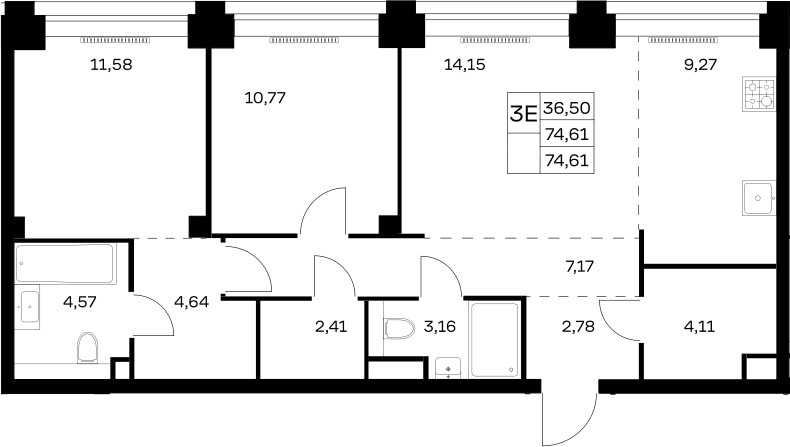 Планировка: Евротрёшка 74,6 м² в ЖК «НОВА»
