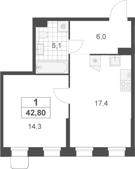 Планировка: Евродвушка 42,8 м² в ЖК «Деснаречье»