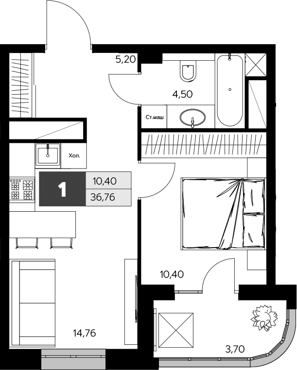 Планировка: 1-комнатная квартира 34,9 м² в ЖК «Ласточкино»
