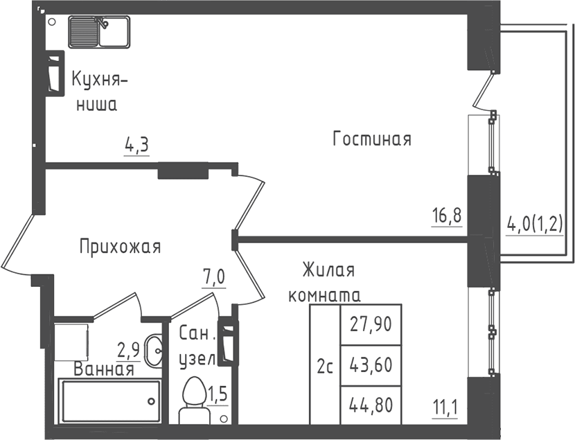 Планировка: 1-комнатная квартира 43,6 м² в ЖК «Зеленый город»