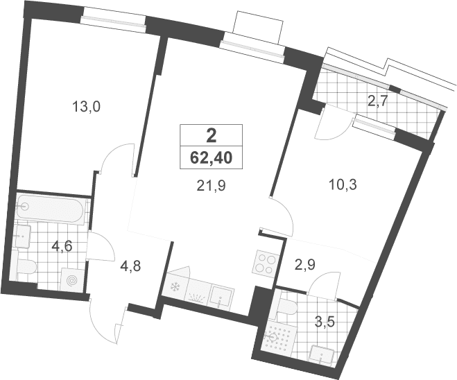 Планировка: Евротрёшка 61,1 м² в ЖК «Деснаречье»