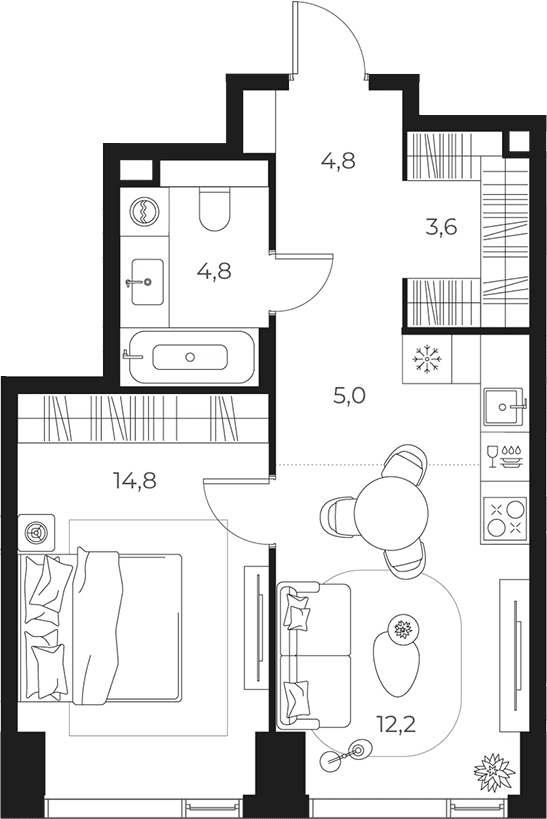 Планировка: Евродвушка 45,2 м² в ЖК «МАСТЕРС»