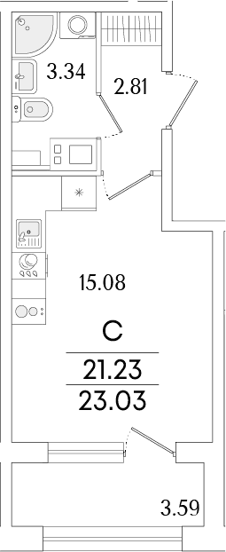 Планировка: Студия 21,2 м² в ЖК «Аурум»