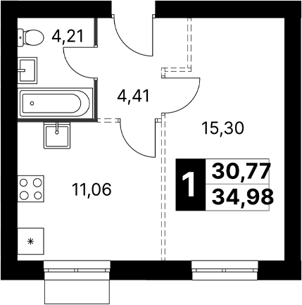 Планировка: 1-комнатная квартира 35 м² в ЖК «Апрелевка Клаб»