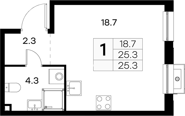 Планировка: Студия 25,3 м² в ЖК «Куркино 15»