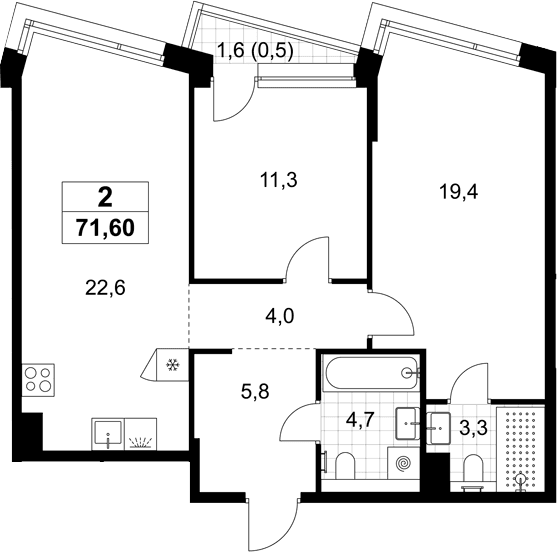 Планировка: Евротрёшка 71,1 м² в ЖК «Хольм»