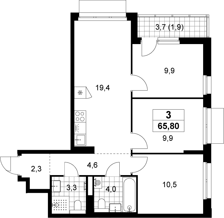 Планировка: Квартира евро-4 63,9 м² в ЖК «Деснаречье»