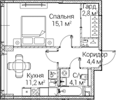 Планировка: 1-комнатная квартира 37,6 м² в ЖК «СЕЗАР БУДУЩЕЕ»